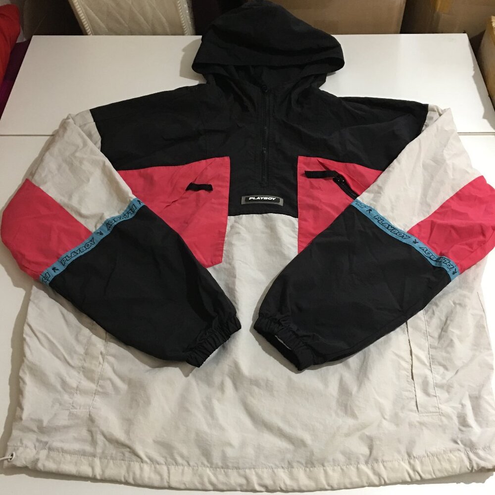 Playboy by Pacsun Retro Windbreaker Pull Over Hooded Jacket Men Medium 1/4 Zip